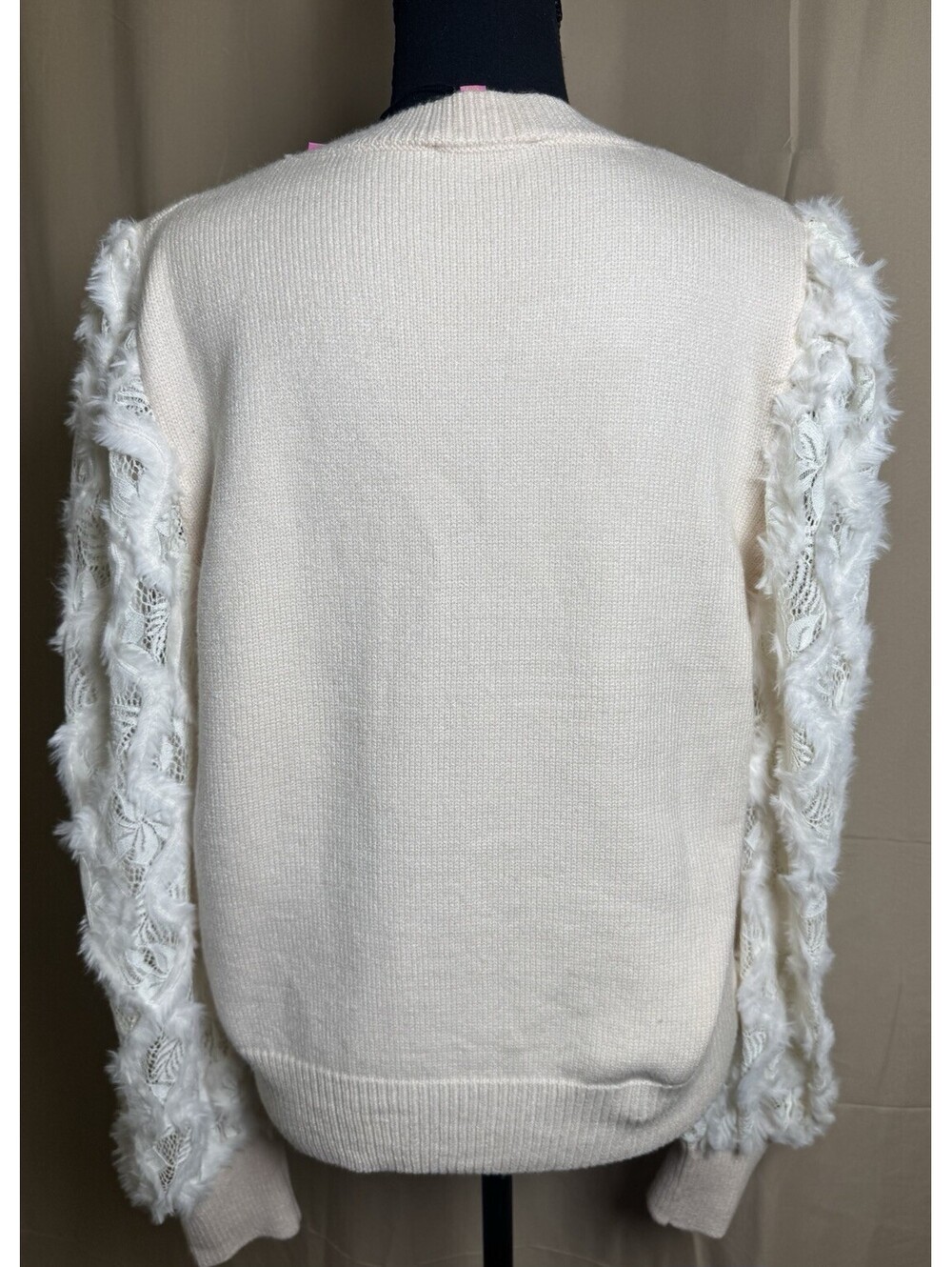 THML Cream Sweater Size L Lace Fringe Statement Sleeves Crewneck NWT - Picture 3 of 7
